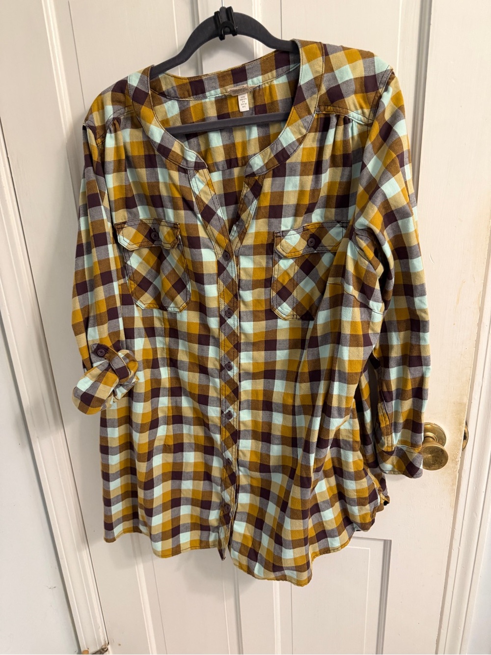 Duluth Trading Co Brown, Yellow & Light Blue Plaid Button-Down Shirt